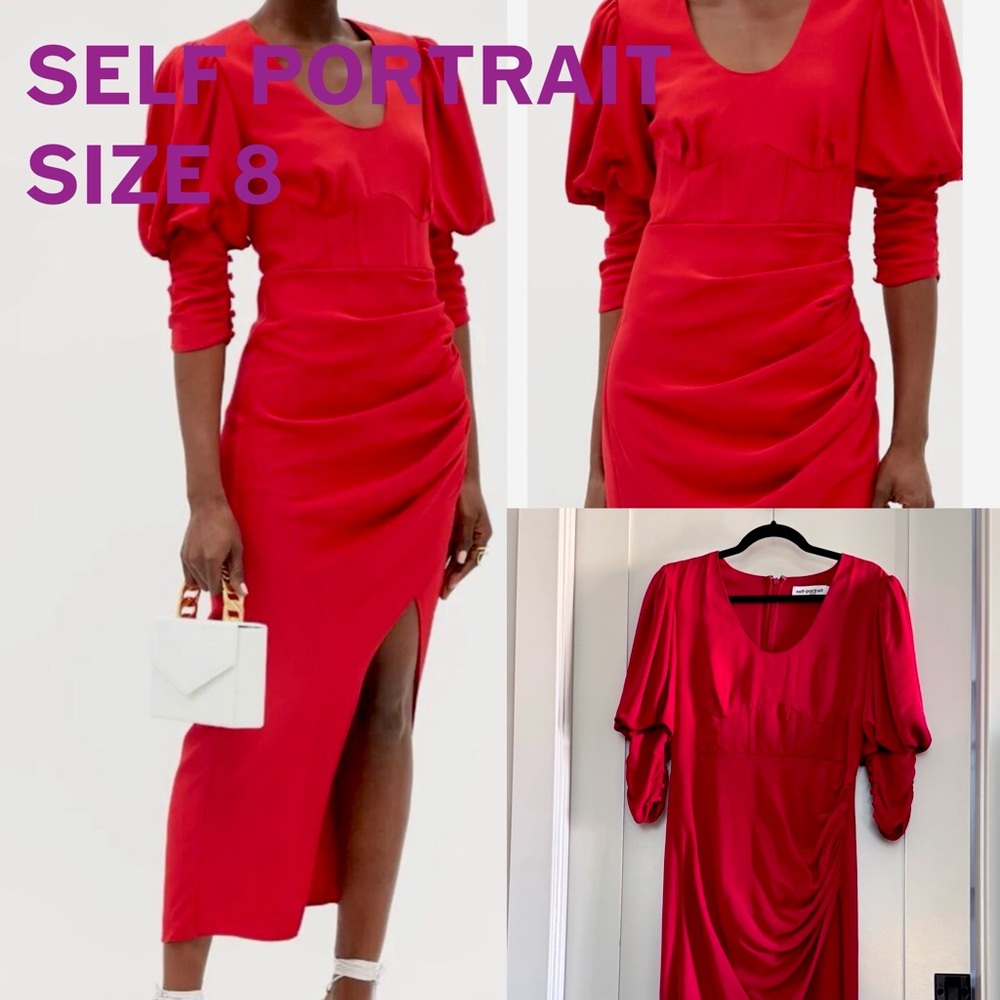 Self Portrait puff sleeve red high slit corset prom Trades Offers welcome